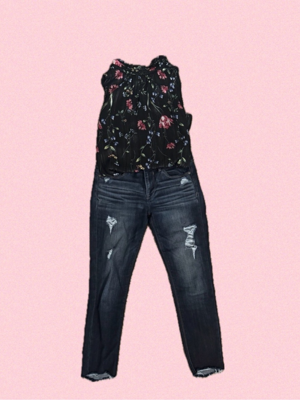 Dark Wash Distressed Women’s Jeans - Black Floral Top Outfit